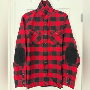 BNWOT Roots Canada Red Black Buffalo Plaid Flannel Shirt Jacket Elbow Patches L